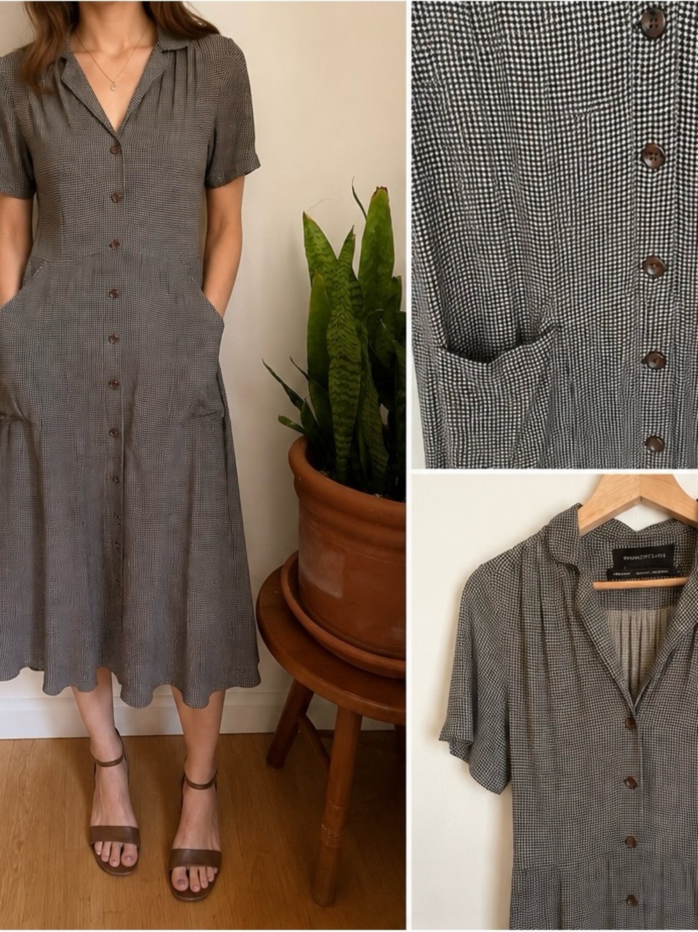 Urban Outfitters Black & White Micro-Gingham Button Midi Dress